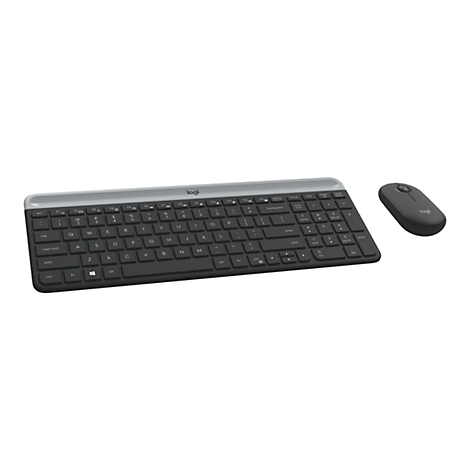 Drahtloses, schwarzes Logitech-Tastatur- und -Maus-Set, aus der Vogelperspektive. Die Tastatur ist flach mit hellgrauer Oberseite. Die Maus ist oval und liegt rechts daneben.