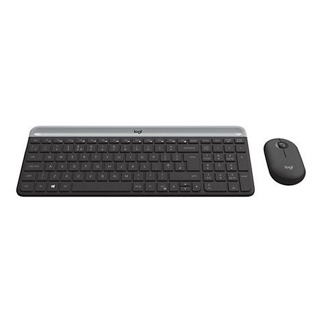 Drahtlose Tastatur und Maus, Marke logi, in Schwarz und Grau auf weißem Hintergrund.