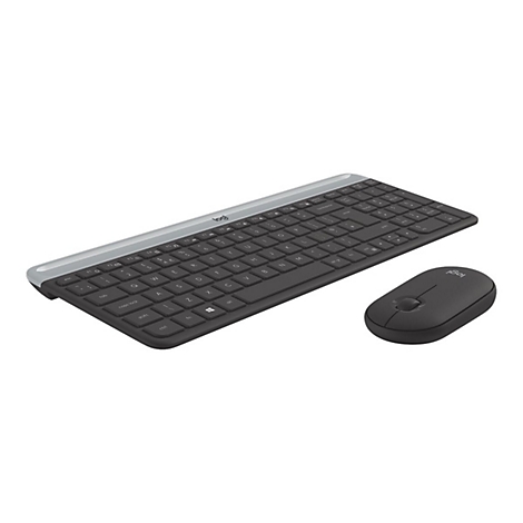 Drahtloses Logitech Tastatur- und Maus-Set. Die Tastatur ist dunkelgrau mit einer hellgrauen Leiste. Die Maus ist ebenfalls dunkelgrau.
