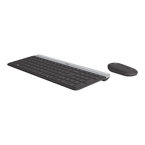 Drahtlose Tastatur und Maus in Grau und Schwarz auf weißem Hintergrund. Die Tastatur hat eine silberne Oberseite und die Maus das Logo.