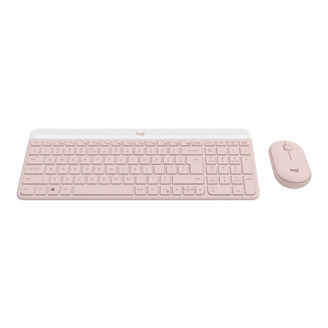 Drahtlose, rosa Tastatur und Maus von Logitech auf weißem Hintergrund. Die Tastatur hat ein weißes Oberteil und das Logitech-Logo.