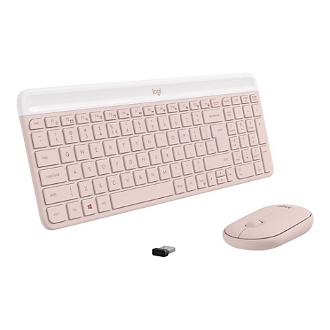 Drahtlose Tastatur und Maus in Rosa, USB-Dongle. Die Tastatur hat weiße Akzente. Das Logi-Logo ist sichtbar.