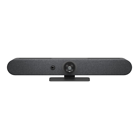 Grauer Videokonferenzbalken mit Kamera, Mikrofon und Ständer auf weißem Hintergrund. Logo von Logitech.