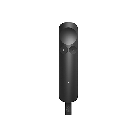 Schwarzer Logitech-Präsentations-Pointer mit Bedienfeldern, leuchtender Status-LED und einer Schlaufe mit Logo.