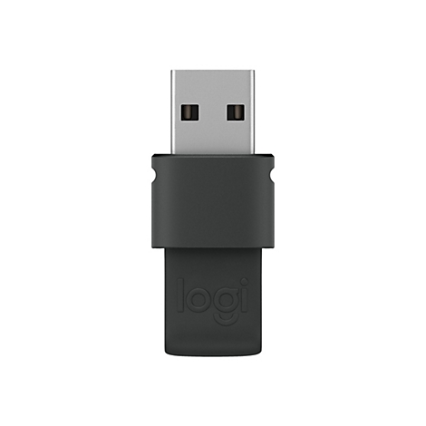 Ein schwarzer USB-Empfänger der Marke Logi, mit silbernem USB-Stecker.