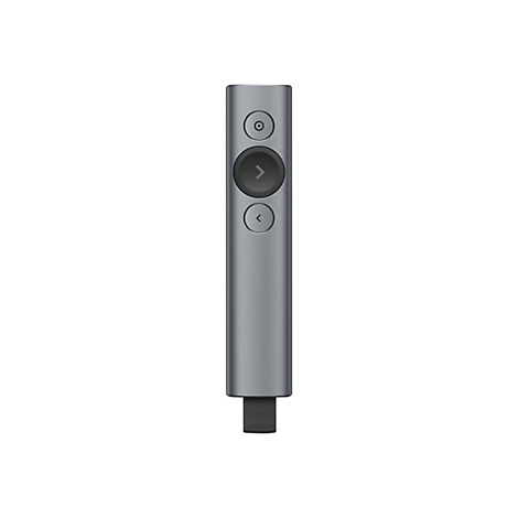 Appareil de prÃ©sentation gris avec boutons et connecteur USB. Un cercle en haut, une flÃ¨che vers la droite en dessous et une flÃ¨che vers la gauche en dessous.