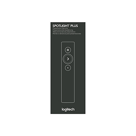 TÃ©lÃ©commande noire Spotlight Plus avec trois boutons sur fond sombre. Nom du produit en haut.