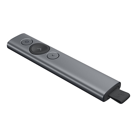 Clicker de prÃ©sentation gris avec trois boutons, un rÃ©cepteur USB est Ã  l'intÃ©rieur de l'appareil.