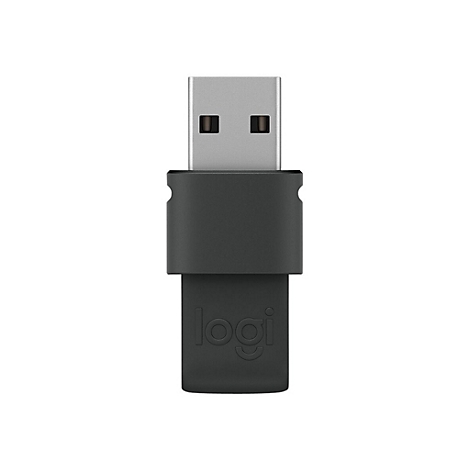 RÃ©cepteur USB gris foncÃ©. Fiche USB argentÃ©e. Le rÃ©cepteur indique logi.