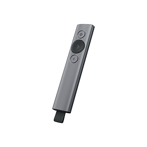 Cliqueur de prÃ©sentation gris avec boutons, logo noir et sangle noire.