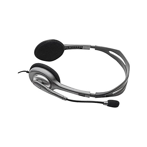 Graues Headset mit Mikrofon auf weißem Hintergrund.