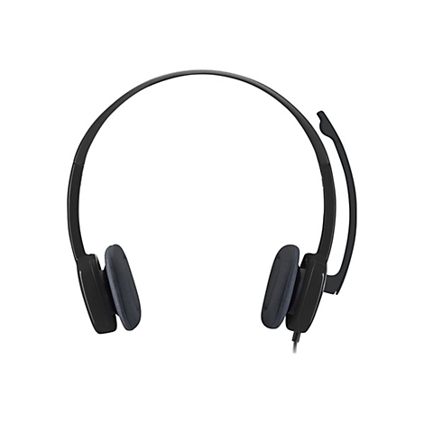 Schwarzes Headset mit Ohrmuscheln und Mikrofon, vor weißem Hintergrund.