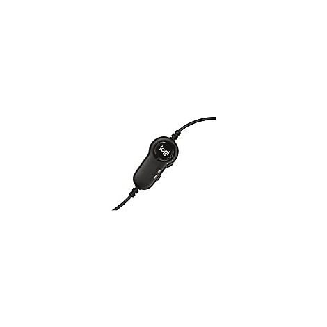 Schwarze Steuerung fÃ¼r KopfhÃ¶rer mit 'Logi'-Logo und KnÃ¶pfen. Kabel zeigt nach oben.