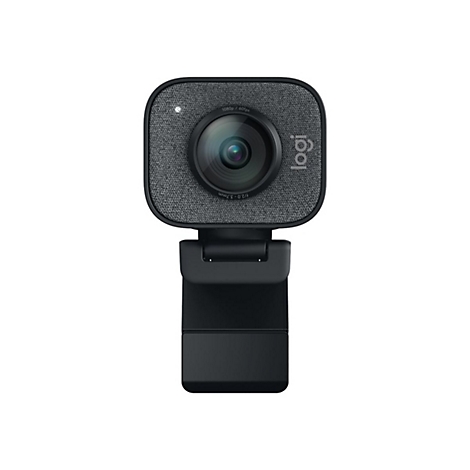 Eine schwarze Logitech Webcam vor weißem Hintergrund. Mit Objektiv, Stoffoberfläche und Logo.