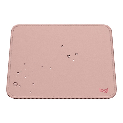 Rosafarbenes Mauspad mit Wasserperlen, Logo von logi.
