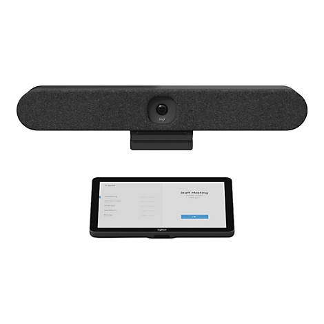 Logitech Videokonferenz-System mit grauer Kamera-Soundbar und schwarzem Touch-Controller vor weißem Hintergrund.