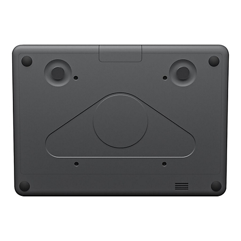 Dunkelgraue Laptop-Unterseite. Runde Füße, Lüftungsschlitze, erhöhte runde Elemente.