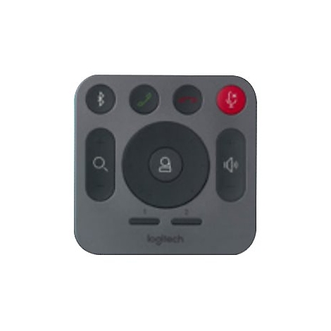 Contrôleur Logitech gris avec boutons pour Bluetooth, appels, volume, sourdine et présentation.