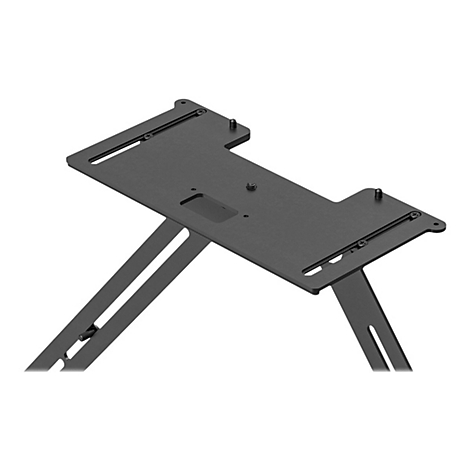 Schwarzer Metall-Monitorständer, Perspektive von oben. Platte mit Schrauben und Aussparungen, getragen von zwei abgewinkelten Stützen.