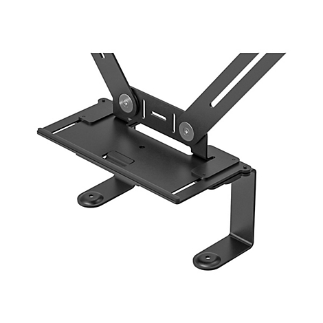 Schwarze Metallhalterung für Computer oder Zubehör an einem Monitorarm.