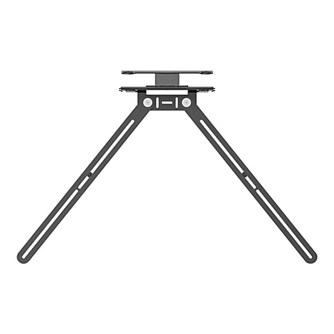 Schwarze Metallhalterung, zwei abgewinkelte Stangen, die an einer oberen Plattform befestigt sind, mit Schrauben und Löchern.