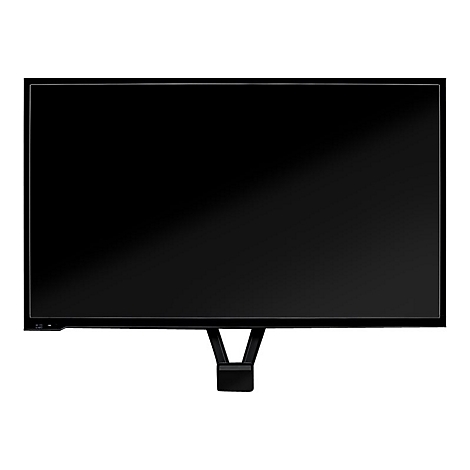 Ein schwarzer Flachbildschirm-Monitor mit dünnem Rahmen, montiert auf einem V-förmigen Ständer, vor weißem Hintergrund.