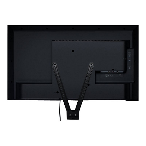 Rückseite eines schwarzen Fernsehers mit Halterung. Kabel und Anschlüsse sind sichtbar.