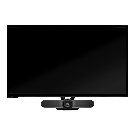 Ein schwarzer Flachbildschirm-Fernseher mit einer darunter angebrachten Videokonferenz-Kamera.