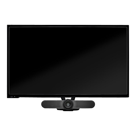Ein schwarzer Flachbildfernseher mit einer darunter befestigten Webcam-Leiste, vor weißem Hintergrund.