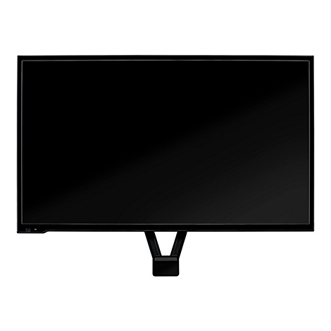 Ein schwarzer Monitor vor weißem Hintergrund. Der Monitor hat einen schmalen Rahmen und einen schwarzen Standfuß.