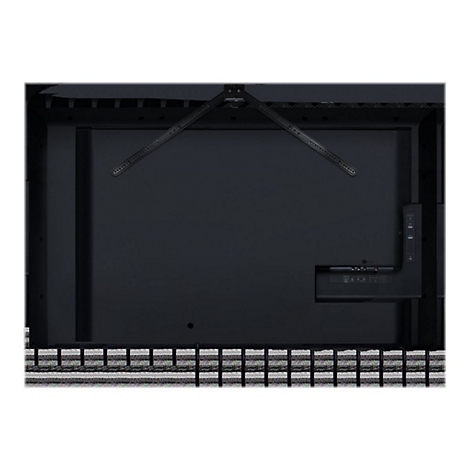 Rückseite eines schwarzen Fernsehers mit Halterungen. Der untere Teil zeigt einen Netzanschluss und andere Anschlüsse.