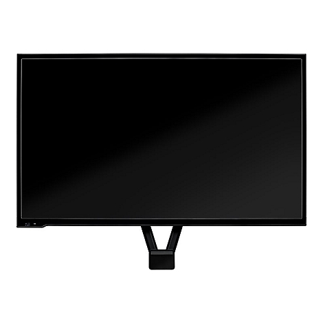 Schwarzer Flachbildschirm-Monitor mit Standfuß, vor weißem Hintergrund.