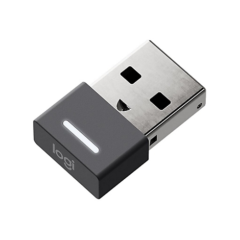 RÃ©cepteur USB sans fil avec le logo 'logi' et une bande lumineuse blanche.