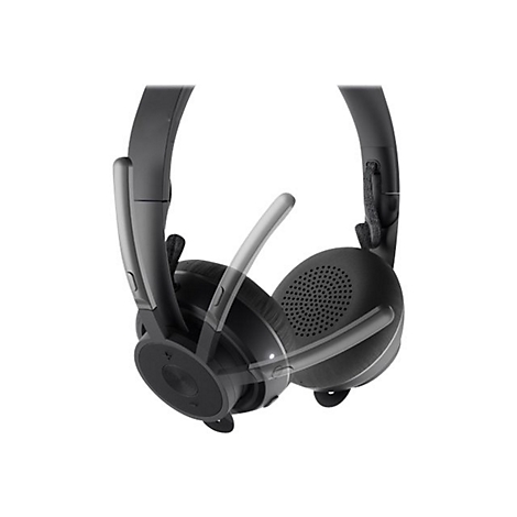 Casque noir avec serre-tÃªte et microphone, lÃ©gÃ¨rement inclinÃ©. Sur fond blanc.