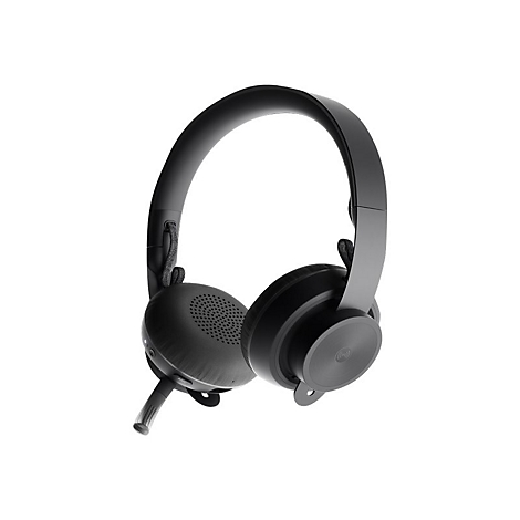 Gros plan d'un casque noir avec microphone sur fond blanc.