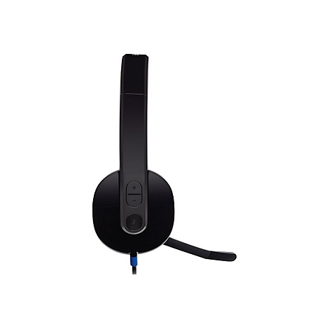 Schwarzes Headset mit Mikrofon, blaue Kabel; Detailaufnahme.