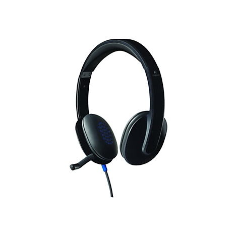 Schwarzes Logitech-Headset mit blauem Akzent. Ohrmuschel mit kleinen Löchern. Mikrofon, Kabel.