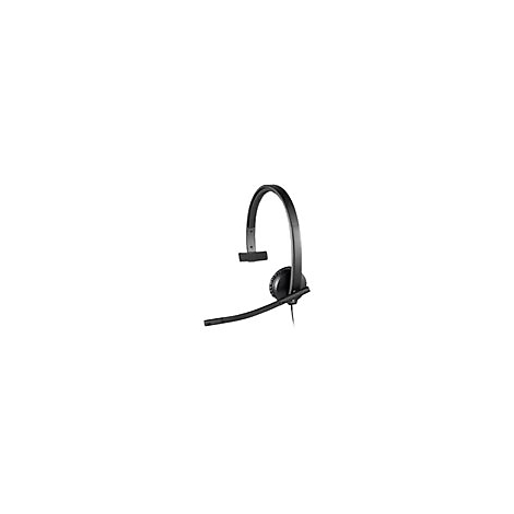 Schwarzes Headset mit Mikrofon, BÃ¼gel und Ohrmuschel. Kabel an der Seite.