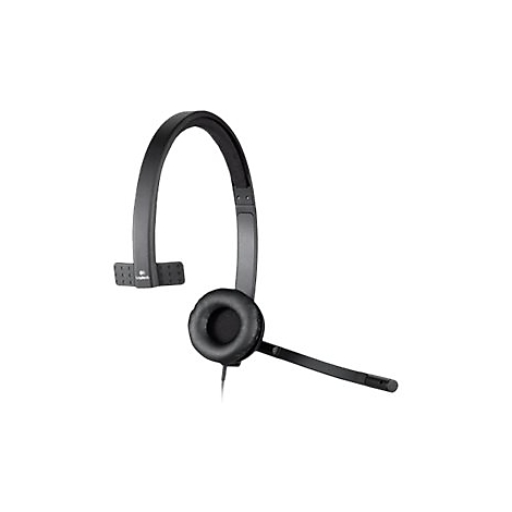 Ein schwarzes Headset mit Ohrmuschel, Mikrofon und Bügel, die miteinander verbunden sind. Das Logitech-Logo ist am Bügel sichtbar.