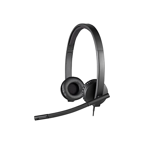 Casque noir avec microphone, dÃ©taillÃ© sur fond blanc. L'arceau se trouve au-dessus des oreillettes.