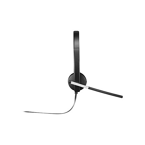 Ein schwarzes Headset mit Mikrofon und Kabel, vor weißem Hintergrund.