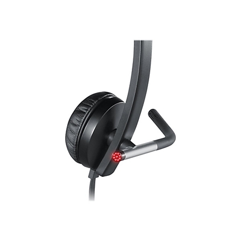 Schwarzes Headset mit Ohrmuschel, Mikrofon und roter LED, Kabel nach unten.