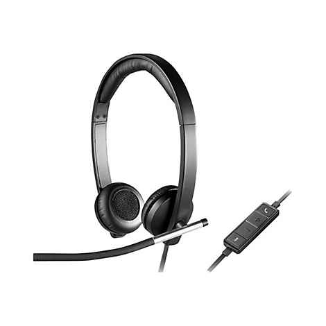Schwarzes Headset mit Mikrofon. Auf dem Kabel befindet sich eine Bedieneinheit.