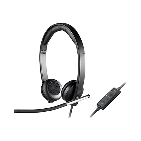 Schwarzes Headset mit Mikrofon und Kabel. An der Leitung ist eine Fernbedienung mit Knöpfen angebracht.