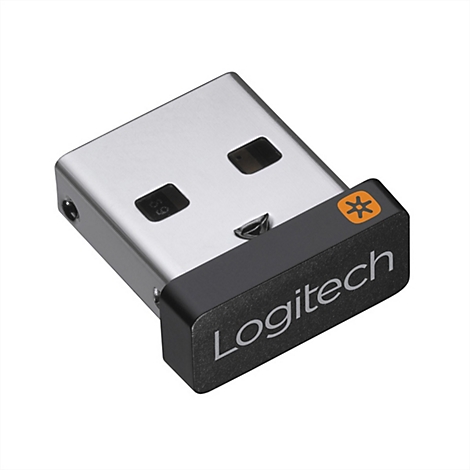 Une clé USB Logitech sur fond blanc, argenté avec logo noir.