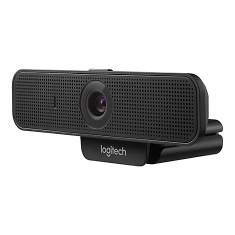Schwarze Webcam, Blick in die Linse. Auf der Halterung steht logitech.