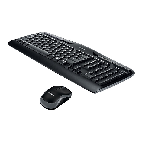 Schwarze Logitech-Tastatur und -Maus auf weiÃŸem Hintergrund.