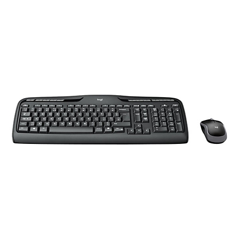 Schwarze Tastatur und Maus auf weiÃŸem Hintergrund. Die Tastatur hat viele Tasten, die Maus ist klein und rund.