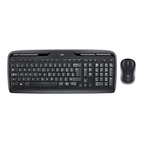 Drahtloses, schwarzes Logitech-Tastatur-Maus-Set auf weiÃŸem Hintergrund.