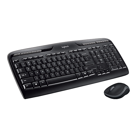 Schwarze Logitech-Tastatur mit Maus, beide vor weiÃŸem Hintergrund.
